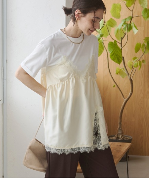 ANGIE(アンジー)の「サテン レースキャミ ドッキング レイヤード Tシャツ / 半袖 / 夏服(Tシャツ/カットソー・レディース・ホワイト系その他/オフホワイト/ブラック・FREE)」の1枚目の写真