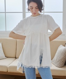 サテン レースキャミ ドッキング レイヤード Tシャツ / 半袖 / 夏服