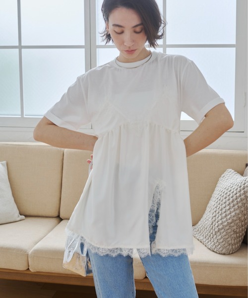 ANGIE(アンジー)の「サテン レースキャミ ドッキング レイヤード Tシャツ / 半袖 / 夏服(Tシャツ/カットソー・レディース・ホワイト系その他/オフホワイト/ブラック・FREE)」の2枚目の写真
