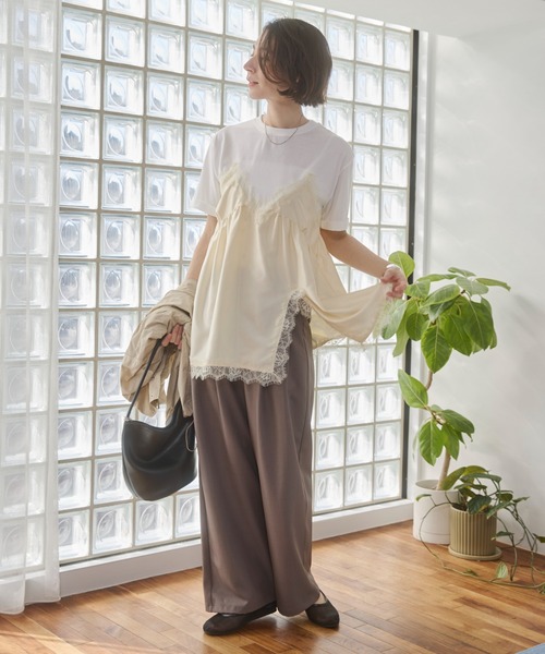 ANGIE(アンジー)の「サテン レースキャミ ドッキング レイヤード Tシャツ / 半袖 / 夏服(Tシャツ/カットソー・レディース・ホワイト系その他/オフホワイト/ブラック・FREE)」の6枚目の写真