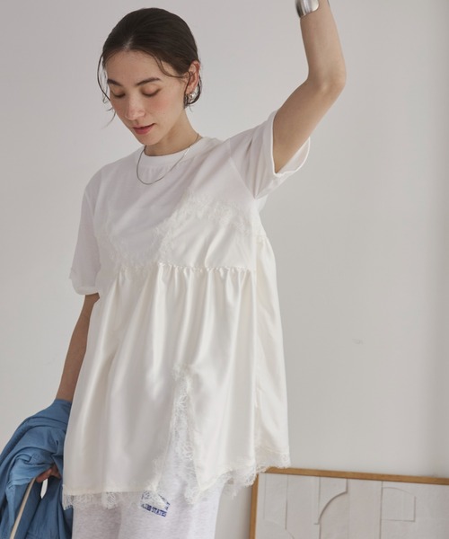 ANGIE(アンジー)の「サテン レースキャミ ドッキング レイヤード Tシャツ / 半袖 / 夏服(Tシャツ/カットソー・レディース・ホワイト系その他/オフホワイト/ブラック・FREE)」の10枚目の写真