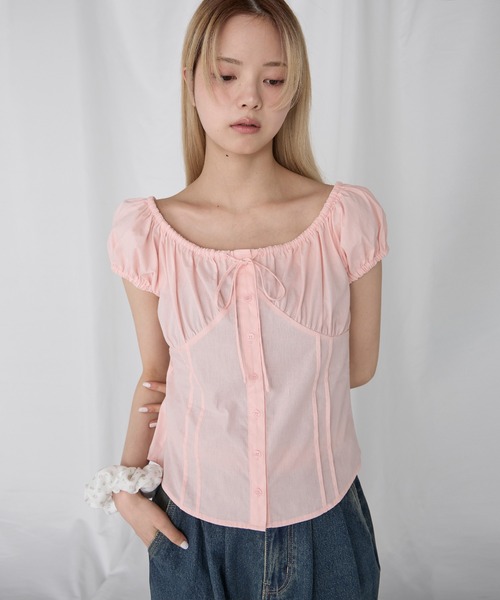 Unblend(アンブレンド)の「【Unblend】2WAYオフショルダー パフスリーブ リボン半袖ブラウス(シャツ/ブラウス・レディース・ブラック/オフホワイト/サックスブルー/ピンク・FREE)」の4枚目の写真
