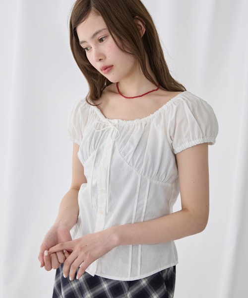 Unblend(アンブレンド)の「【Unblend】2WAYオフショルダー パフスリーブ リボン半袖ブラウス(シャツ/ブラウス・レディース・ブラック/オフホワイト/サックスブルー/ピンク・FREE)」の11枚目の写真