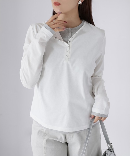 Riberry（リベリー）の「レイヤードライク配色ヘンリーロンT（Tシャツ/カットソー・レディース・ブラック/杢グレー/オフホワイト・FREE）」の18枚目の写真
