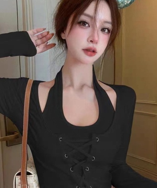 almo（アルモ）の「【Bls】 【ZL】【Bling Leads】ホルダーネック 編み上げトップス(BL)（Tシャツ/カットソー・レディース・モカ/ホワイト/ブラック・FREE）」の2枚目の写真