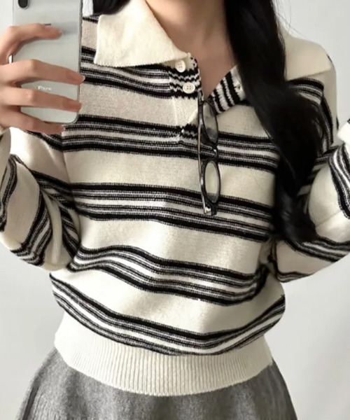 VIVID LADY(ビビッドレディー)の「カラー付き ヘンリーネック ボーダーニット(ニット/セーター・レディース・アイボリー/グレー/ネイビー・FREE)」の11枚目の写真