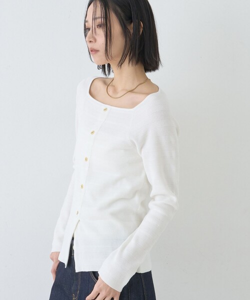 Rouge vif Anna（ルージュヴィフアンナ）の「【セットアップ対応】スクエアネックボーダー柄ニットカーディガン/プルオーバー（ニット/セーター・レディース・グリーン/オフホワイト/サックスブルー・フリー）」の2枚目の写真