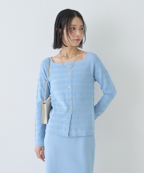 Rouge vif Anna（ルージュヴィフアンナ）の「【セットアップ対応】スクエアネックボーダー柄ニットカーディガン/プルオーバー（ニット/セーター・レディース・グリーン/オフホワイト/サックスブルー・フリー）」の5枚目の写真