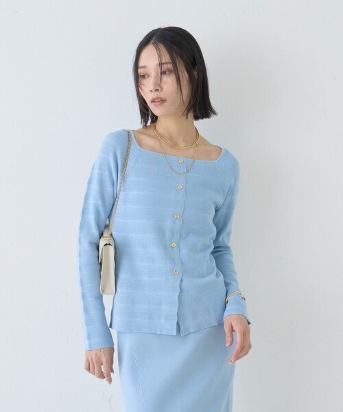 Rouge vif Anna（ルージュヴィフアンナ）の「【セットアップ対応】スクエアネックボーダー柄ニットカーディガン/プルオーバー（ニット/セーター・レディース・グリーン/オフホワイト/サックスブルー・フリー）」の6枚目の写真