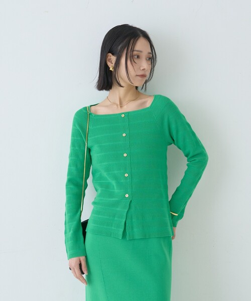 Rouge vif Anna（ルージュヴィフアンナ）の「【セットアップ対応】スクエアネックボーダー柄ニットカーディガン/プルオーバー（ニット/セーター・レディース・グリーン/オフホワイト/サックスブルー・フリー）」の10枚目の写真