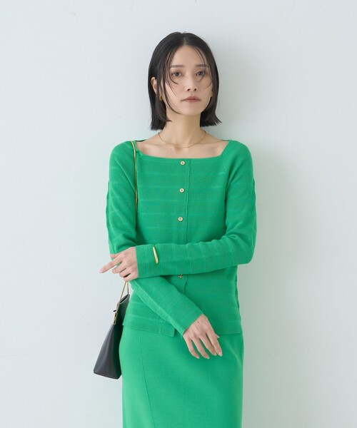 Rouge vif Anna（ルージュヴィフアンナ）の「【セットアップ対応】スクエアネックボーダー柄ニットカーディガン/プルオーバー（ニット/セーター・レディース・グリーン/オフホワイト/サックスブルー・フリー）」の11枚目の写真