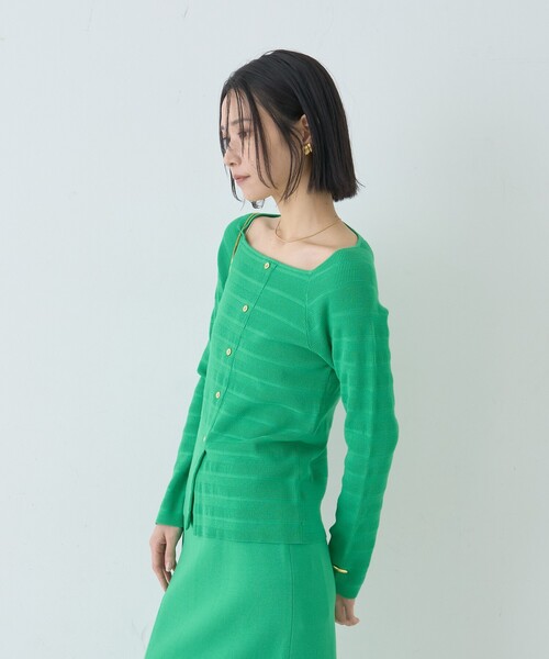 Rouge vif Anna（ルージュヴィフアンナ）の「【セットアップ対応】スクエアネックボーダー柄ニットカーディガン/プルオーバー（ニット/セーター・レディース・グリーン/オフホワイト/サックスブルー・フリー）」の12枚目の写真