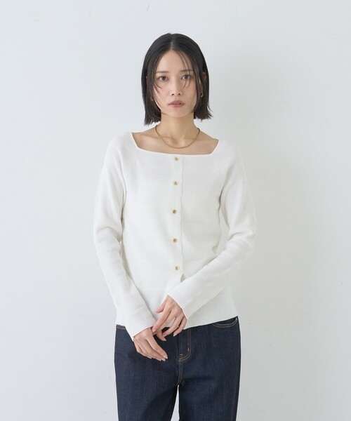 Rouge vif Anna（ルージュヴィフアンナ）の「【セットアップ対応】スクエアネックボーダー柄ニットカーディガン/プルオーバー（ニット/セーター・レディース・グリーン/オフホワイト/サックスブルー・フリー）」の14枚目の写真