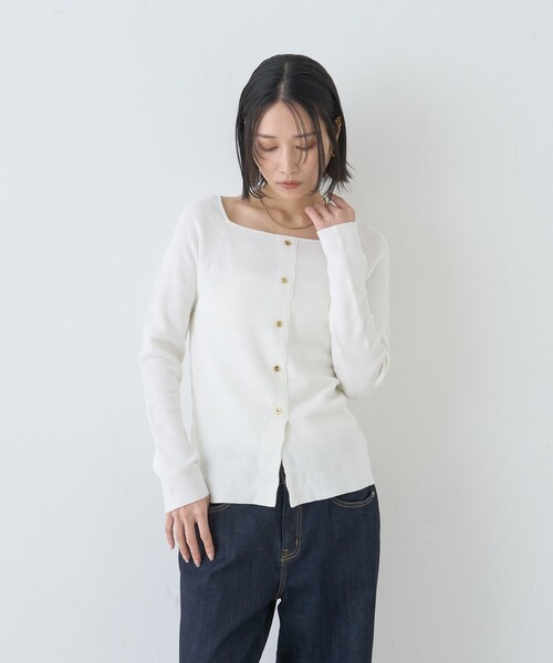 Rouge vif Anna（ルージュヴィフアンナ）の「【セットアップ対応】スクエアネックボーダー柄ニットカーディガン/プルオーバー（ニット/セーター・レディース・グリーン/オフホワイト/サックスブルー・フリー）」の16枚目の写真