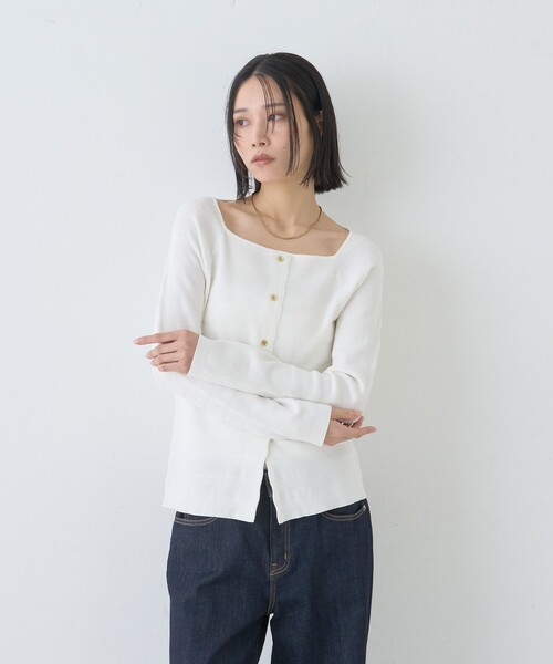 Rouge vif Anna（ルージュヴィフアンナ）の「【セットアップ対応】スクエアネックボーダー柄ニットカーディガン/プルオーバー（ニット/セーター・レディース・グリーン/オフホワイト/サックスブルー・フリー）」の17枚目の写真