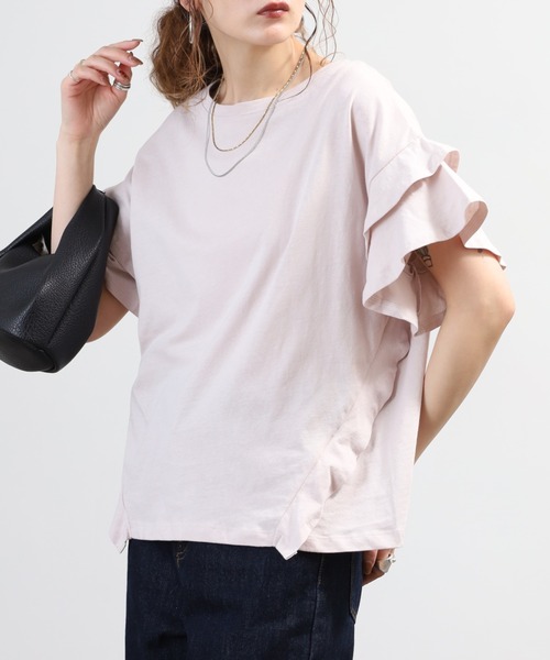 FUNALIVE（ファンアライブ）の「袖ダブルフリルTシャツ 半袖 接触冷感（Tシャツ/カットソー・レディース・ブラック/ホワイト/カーキ/ピンクベージュ・M～Ｌ/LL～3L）」の4枚目の写真