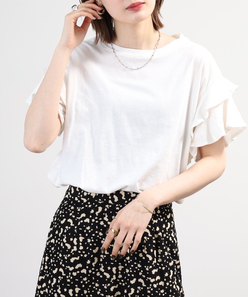 FUNALIVE（ファンアライブ）の「袖ダブルフリルTシャツ 半袖 接触冷感（Tシャツ/カットソー・レディース・ブラック/ホワイト/カーキ/ピンクベージュ・M～Ｌ/LL～3L）」の8枚目の写真