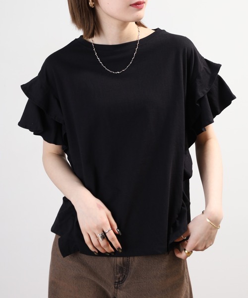 FUNALIVE（ファンアライブ）の「袖ダブルフリルTシャツ 半袖 接触冷感（Tシャツ/カットソー・レディース・ブラック/ホワイト/カーキ/ピンクベージュ・M～Ｌ/LL～3L）」の12枚目の写真