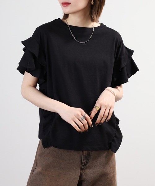 FUNALIVE（ファンアライブ）の「袖ダブルフリルTシャツ 半袖 接触冷感（Tシャツ/カットソー・レディース・ブラック/ホワイト/カーキ/ピンクベージュ・M～Ｌ/LL～3L）」の13枚目の写真