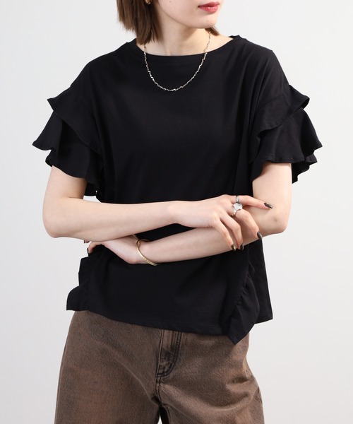 FUNALIVE（ファンアライブ）の「袖ダブルフリルTシャツ 半袖 接触冷感（Tシャツ/カットソー・レディース・ブラック/ホワイト/カーキ/ピンクベージュ・M～Ｌ/LL～3L）」の14枚目の写真