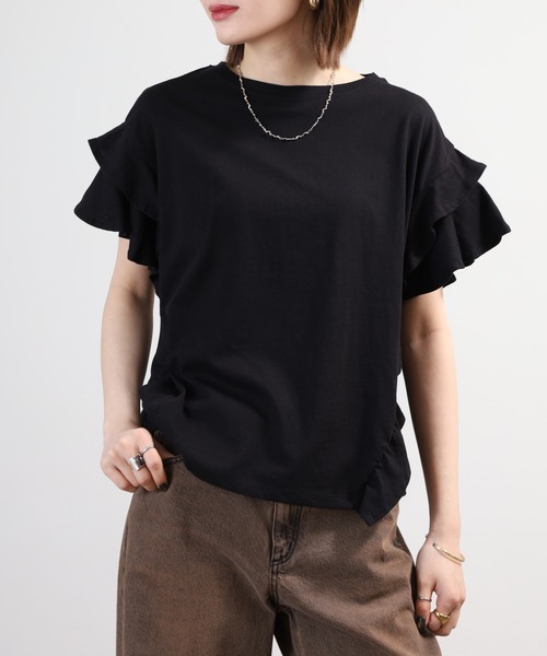 FUNALIVE（ファンアライブ）の「袖ダブルフリルTシャツ 半袖 接触冷感（Tシャツ/カットソー・レディース・ブラック/ホワイト/カーキ/ピンクベージュ・M～Ｌ/LL～3L）」の15枚目の写真