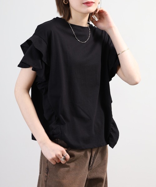 FUNALIVE（ファンアライブ）の「袖ダブルフリルTシャツ 半袖 接触冷感（Tシャツ/カットソー・レディース・ブラック/ホワイト/カーキ/ピンクベージュ・M～Ｌ/LL～3L）」の16枚目の写真