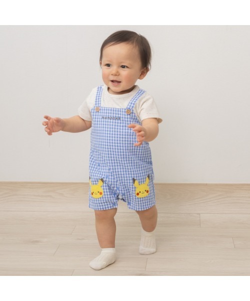 【MEER.新品】ビックポケットロンパース セール】半袖ロンパース ギンガムチェック サロペット型 monpoke