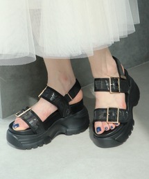 【XS-LLサイズ展開・美脚効果】10cm厚底チュールバックルサンダル JA4022