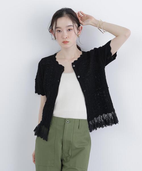 N.(N. Natural Beauty Basic)(エヌエヌナチュラルビューティーベーシック)の「レースドッキング透かし編みカーデ(カーディガン/ボレロ・レディース・ブラック/オフホワイト/ブラウン・FREE)」の3枚目の写真