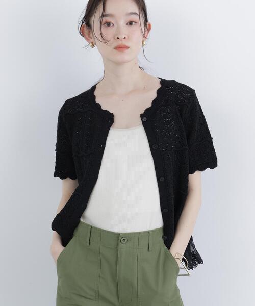 N.(N. Natural Beauty Basic)(エヌエヌナチュラルビューティーベーシック)の「レースドッキング透かし編みカーデ(カーディガン/ボレロ・レディース・ブラック/オフホワイト/ブラウン・FREE)」の8枚目の写真