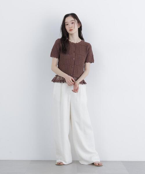 N.(N. Natural Beauty Basic)(エヌエヌナチュラルビューティーベーシック)の「レースドッキング透かし編みカーデ(カーディガン/ボレロ・レディース・ブラック/オフホワイト/ブラウン・FREE)」の6枚目の写真