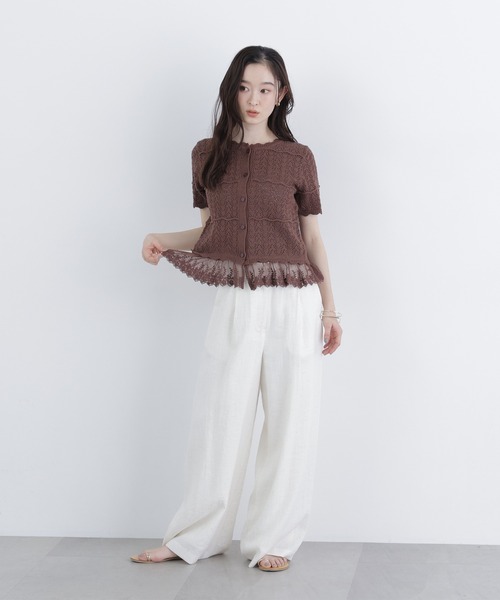 N.（N. Natural Beauty Basic）（エヌエヌナチュラルビューティーベーシック）の「レースドッキング透かし編みカーデ（カーディガン/ボレロ・レディース・ブラック/オフホワイト/ブラウン・FREE）」の6枚目の写真