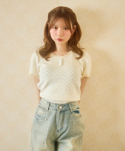 TITTY&CO.（ティティーアンドコー）の「ハート柄シアーニットレース襟トップス（Tシャツ/カットソー・レディース・ネイビー/グレー/アイボリー/ブラック・FREE）」の19枚目の写真