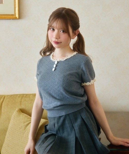 TITTY&CO.（ティティーアンドコー）の「ハート柄シアーニットレース襟トップス（Tシャツ/カットソー・レディース・ネイビー/グレー/アイボリー/ブラック・FREE）」の20枚目の写真