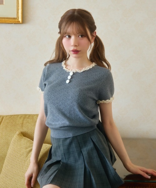 TITTY&CO.（ティティーアンドコー）の「ハート柄シアーニットレース襟トップス（Tシャツ/カットソー・レディース・ネイビー/グレー/アイボリー/ブラック・FREE）」の21枚目の写真