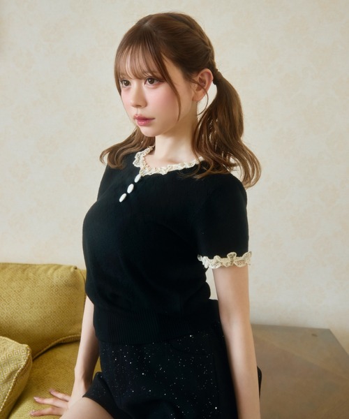 TITTY&CO.（ティティーアンドコー）の「ハート柄シアーニットレース襟トップス（Tシャツ/カットソー・レディース・ネイビー/グレー/アイボリー/ブラック・FREE）」の13枚目の写真