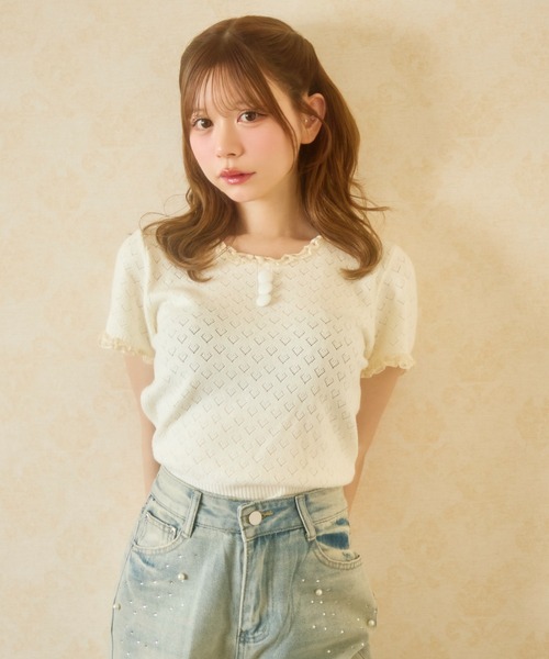 TITTY&CO.（ティティーアンドコー）の「ハート柄シアーニットレース襟トップス（Tシャツ/カットソー・レディース・ネイビー/グレー/アイボリー/ブラック・FREE）」の17枚目の写真