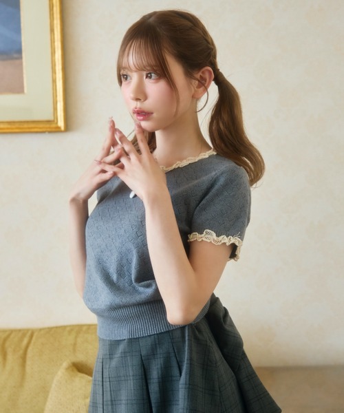 TITTY&CO.（ティティーアンドコー）の「ハート柄シアーニットレース襟トップス（Tシャツ/カットソー・レディース・ネイビー/グレー/アイボリー/ブラック・FREE）」の11枚目の写真