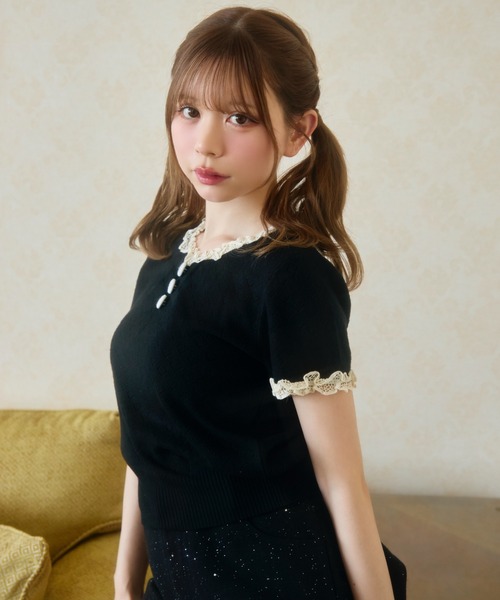 TITTY&CO.（ティティーアンドコー）の「ハート柄シアーニットレース襟トップス（Tシャツ/カットソー・レディース・ネイビー/グレー/アイボリー/ブラック・FREE）」の14枚目の写真