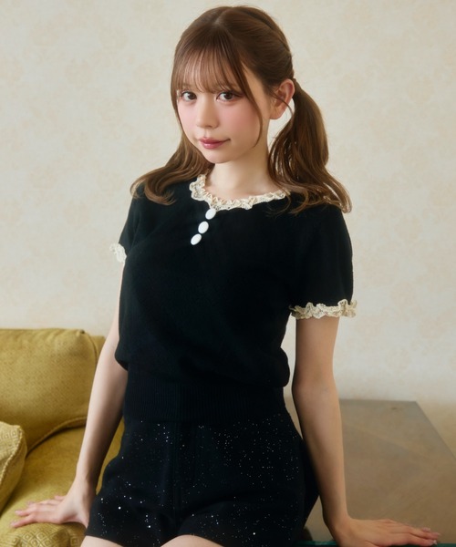 TITTY&CO.（ティティーアンドコー）の「ハート柄シアーニットレース襟トップス（Tシャツ/カットソー・レディース・ネイビー/グレー/アイボリー/ブラック・FREE）」の15枚目の写真