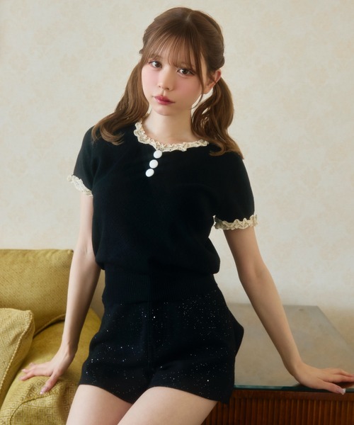 TITTY&CO.（ティティーアンドコー）の「ハート柄シアーニットレース襟トップス（Tシャツ/カットソー・レディース・ネイビー/グレー/アイボリー/ブラック・FREE）」の16枚目の写真