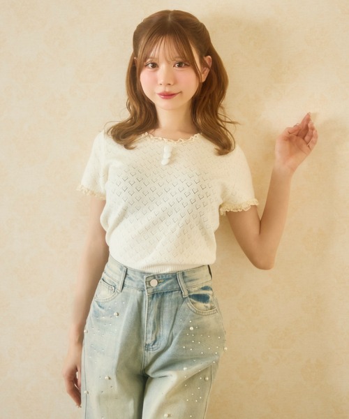 TITTY&CO.（ティティーアンドコー）の「ハート柄シアーニットレース襟トップス（Tシャツ/カットソー・レディース・ネイビー/グレー/アイボリー/ブラック・FREE）」の18枚目の写真