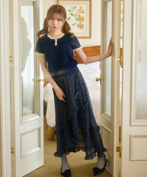 TITTY&CO.（ティティーアンドコー）の「ハート柄シアーニットレース襟トップス（Tシャツ/カットソー・レディース・ネイビー/グレー/アイボリー/ブラック・FREE）」の8枚目の写真