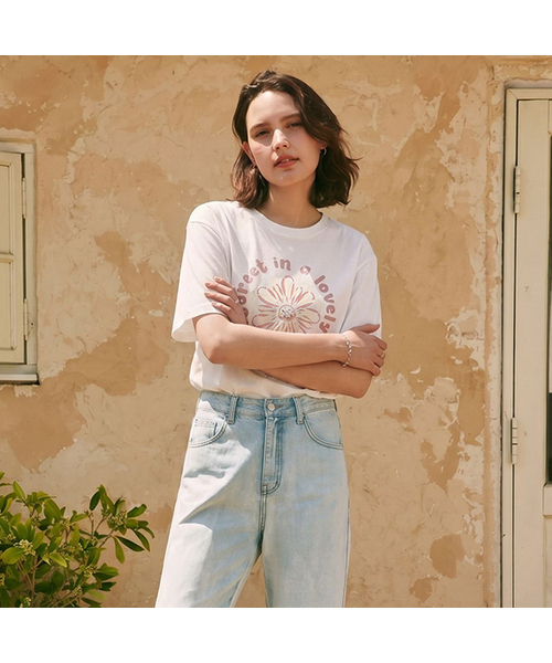 ZEROSTREET（ゼロストリート）の「[4カラー] フラワードーナツ半袖Tシャツ（Tシャツ/カットソー・レディース・ホワイト/ブラック/ライトグレー/ピンクベージュ・FREE）」の4枚目の写真