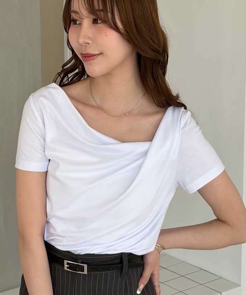 muet.（ミュエ）の「2WAYオフショルドレープTシャツ（Tシャツ/カットソー・レディース・オフホワイト/杢グレー/ブラック・MEDIUM/LARGE）」の18枚目の写真