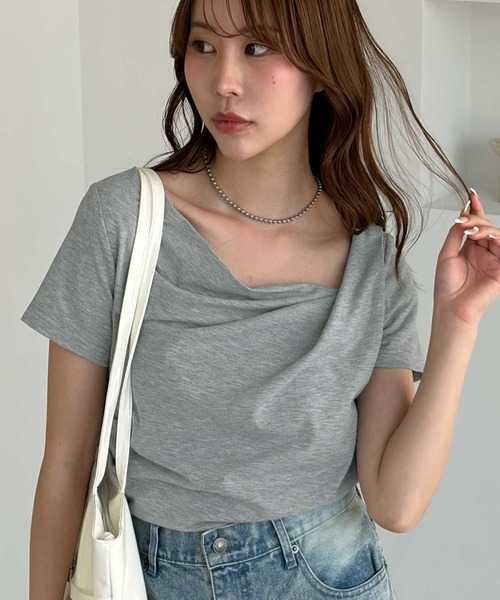 muet.（ミュエ）の「2WAYオフショルドレープTシャツ（Tシャツ/カットソー・レディース・オフホワイト/杢グレー/ブラック・MEDIUM/LARGE）」の8枚目の写真