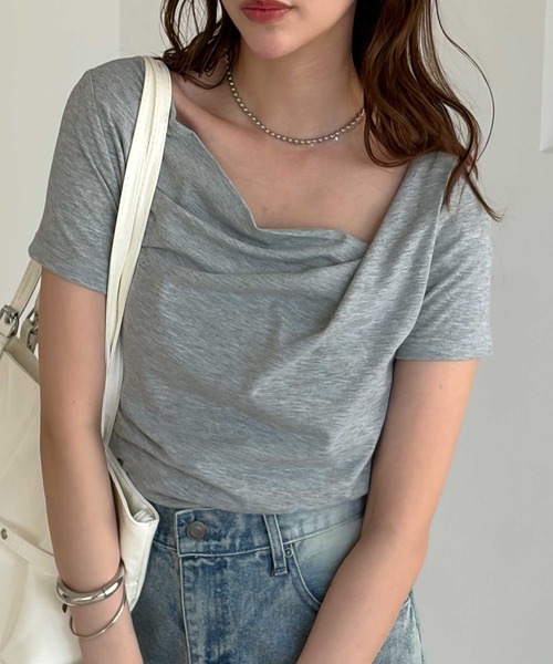 muet.（ミュエ）の「2WAYオフショルドレープTシャツ（Tシャツ/カットソー・レディース・オフホワイト/杢グレー/ブラック・MEDIUM/LARGE）」の10枚目の写真