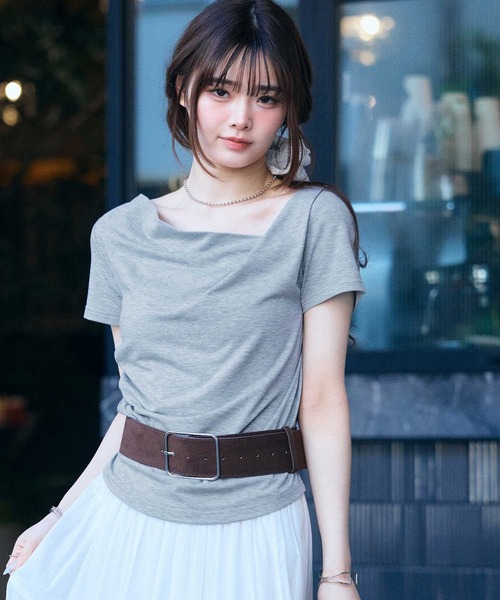 muet.（ミュエ）の「2WAYオフショルドレープTシャツ（Tシャツ/カットソー・レディース・オフホワイト/杢グレー/ブラック・MEDIUM/LARGE）」の6枚目の写真