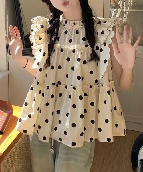 Nia(ニア)の「Nia(ニア)/ドット柄ノースリフリルブラウス(シャツ/ブラウス・レディース・アイボリー・MEDIUM/SMALL)」の7枚目の写真
