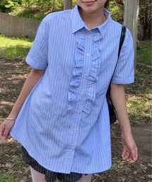 ◯ フロントフリル 半袖ロングシャツ